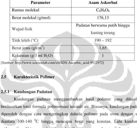 Tabel 2.4. Spesifikasi inisiator Asam Askorbat 