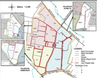 Gambar 2. Pembagian Zona dan Segmen Jalur  Pejalan Kaki Universitas Brawijaya  Metode Pengumpulan Data 