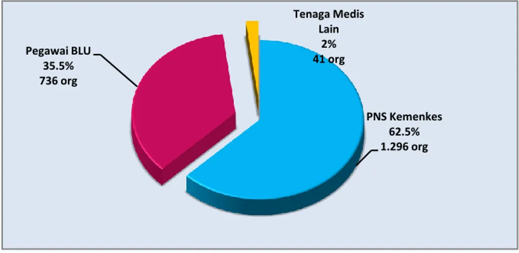 Diagram 2. 1 Rincian SDM  PNS Kemenkes 62.5% 1.296 orgPegawai BLU35.5%736 orgTenaga Medis Lain2%41 org
