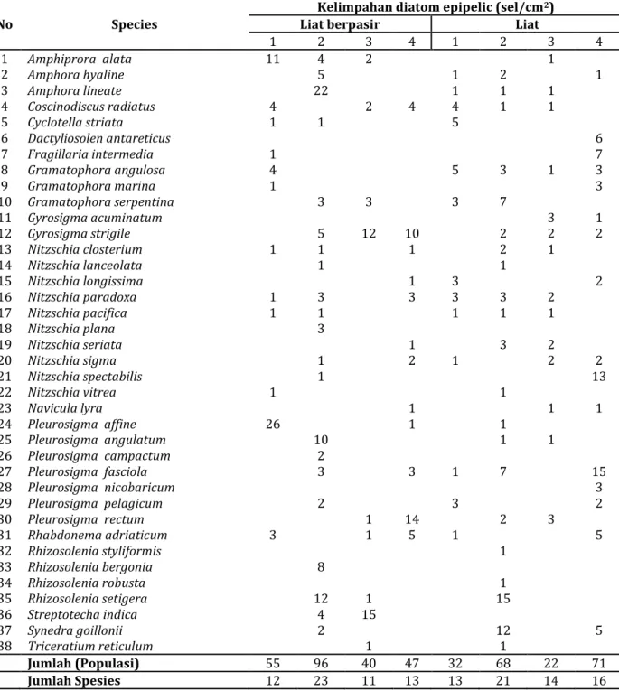 Tabel 1. Kelimpahan diatom epipelic pada tambak-tambak penelitian 