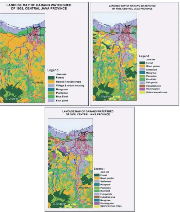 Gambar 2. Penggunaan lahan wilayah DAS Garang Kabupaten dan Kota Semarang tahun  1939, 1988, dan 2000 