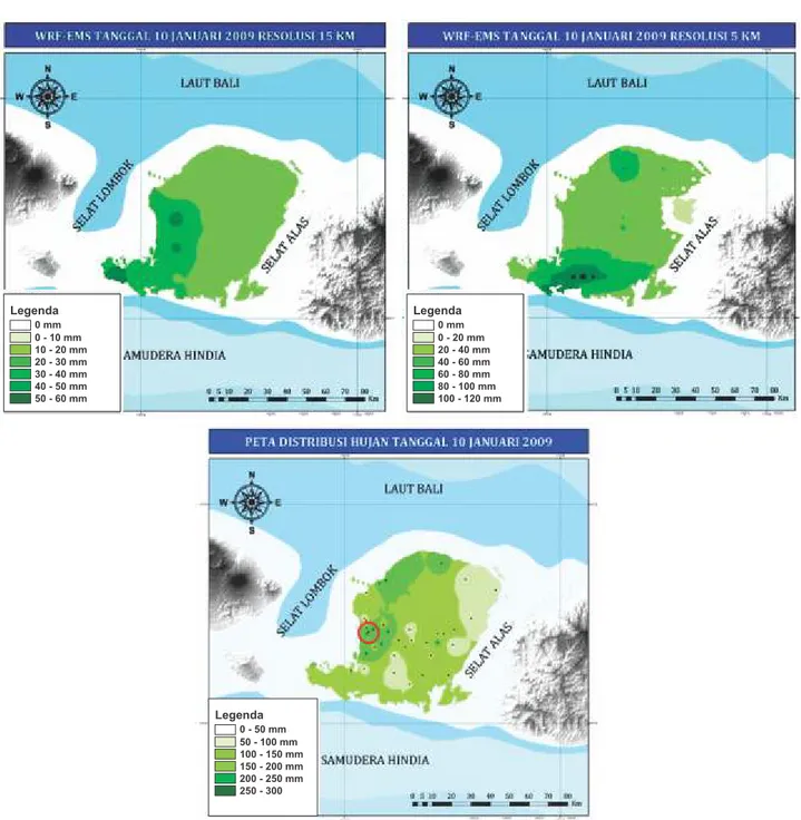 Gambar 5. Perbandingan  Curah  Hujan  hasil  model  dan  observasitanggal  10  Januari  2009  kota  Mataram  dan  sekitarnya  (lingkaran merah) 