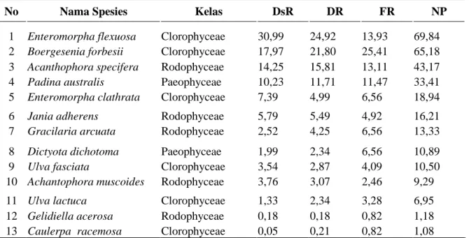 Tabel 2. Nilai penting Makro Alga di Pantai Sepanjang Gunung Kidul 