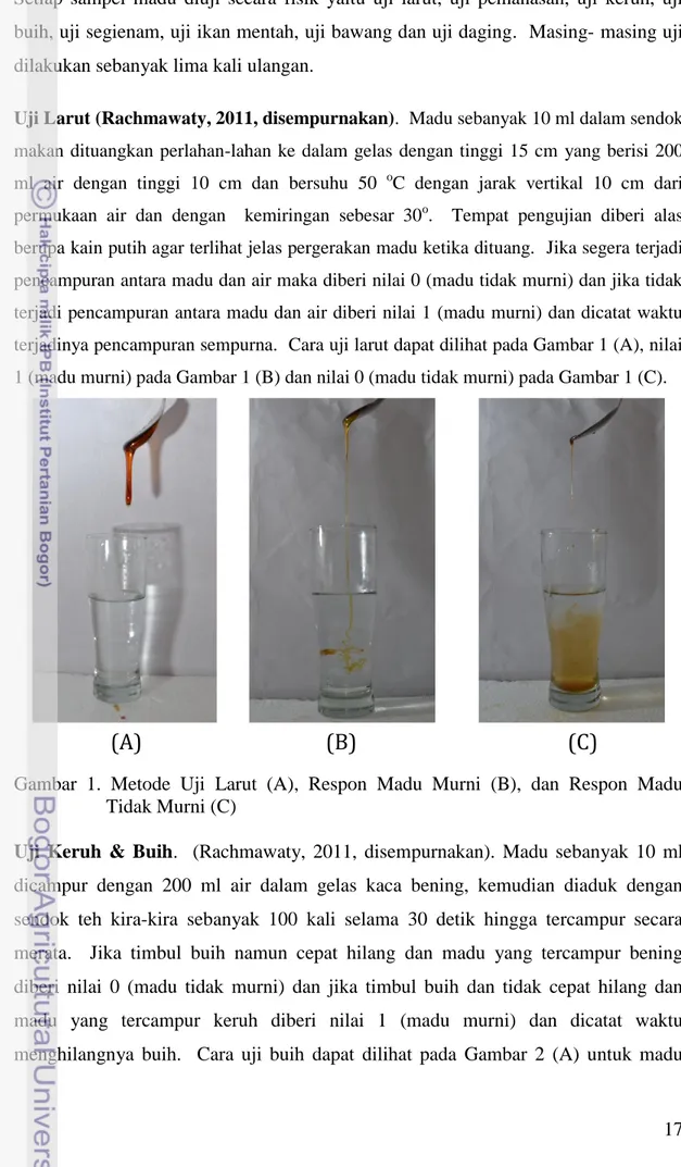 Gambar  1.  Metode  Uji  Larut  (A),  Respon  Madu  Murni  (B),  dan  Respon  Madu                  Tidak Murni (C) 