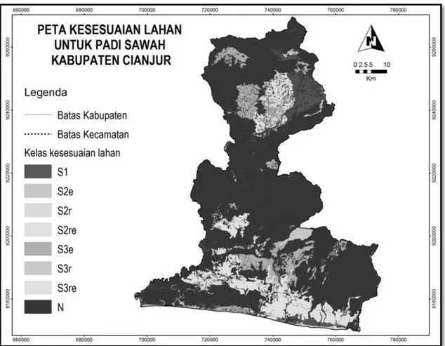 Gambar 2. Peta kesesuaian lahan untuk padi sawah di Kabupaten Cianjur. 
