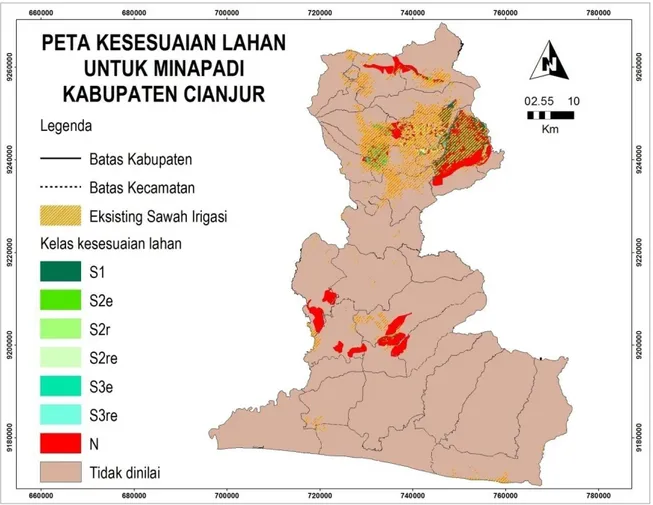 Gambar 4. Peta kesesuaian lahan untuk mina padi di Kabupaten Cianjur. 