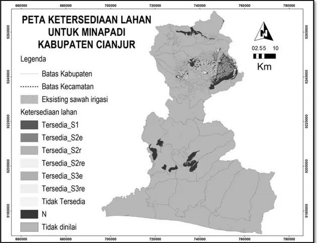 Gambar 5. Peta ketersediaan lahan untuk mina padi di Kabupaten Cianjur. 
