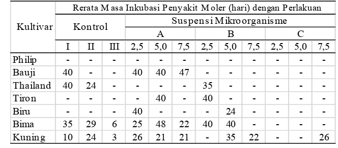Tabel  4. Rerata Masa Inkubasi Penyakit Moler pada 7 Kultivar Bawang Merahyang Diinokulasi dengan IsolatFusarium oxysporum f.sp
