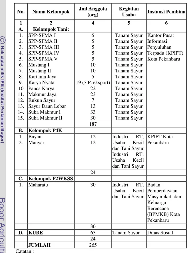 Tabel 6.  Nama-nama Kelompok Tani, Kelompok P4K dan Kelompok P2WKSS   di Kelurahan Maharatu, Kota Pekanbaru