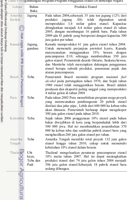 Tabel 9 Pengembangan Program-Program Penggunan Etanol Di Beberapa NegaraTabel 9Pen