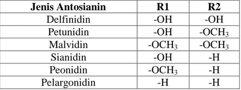 Tabel 2.1. Rantai Samping Penyusun Senyawa Golongan Antosianin (Jordheim,  2007). 