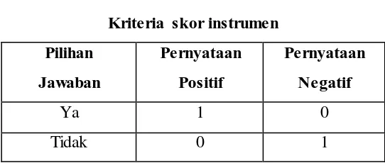 Tabel 3.1 Kriteria skor instrumen  