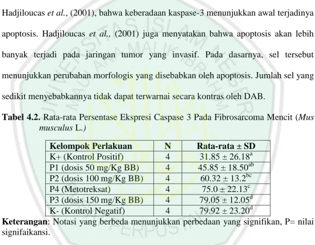 Tabel 4.2. Rata-rata Persentase Ekspresi Caspase 3 Pada Fibrosarcoma Mencit (Mus  musculus L.) 