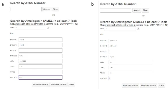 Gambar 1. Tampilan random matching pada laman ATCC. a adalah profil STR pada galur sel MCF-7 sumber  pertama (A) dan b adalah sumber kedua (B) 