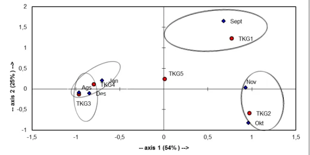Gambar 3.   Diagram  profil  distribusi  kepiting  bakau  Scylla  serrata  berdasarkan  tingkat   kematangan gonad (TKG) pada tiap fase bulan pengamatan 