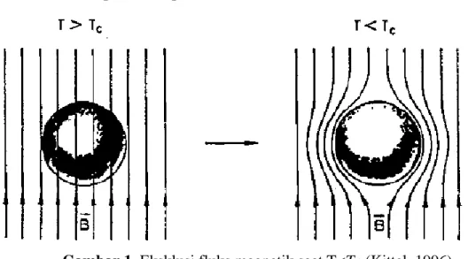 Gambar 1. Eksklusi fluks magnetik saat T&lt;Tc (Kittel, 1996). 
