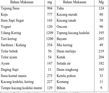 Tabel 2.1. Kandungan Kalsium pada Beberapa Makanan  