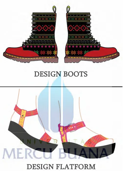 Gambar 45-46 : Desain Sepatu dan Flatform Dengan Penerapan Bahan Ulos Sadum  Sumber : Dita Chairani, 2014 
