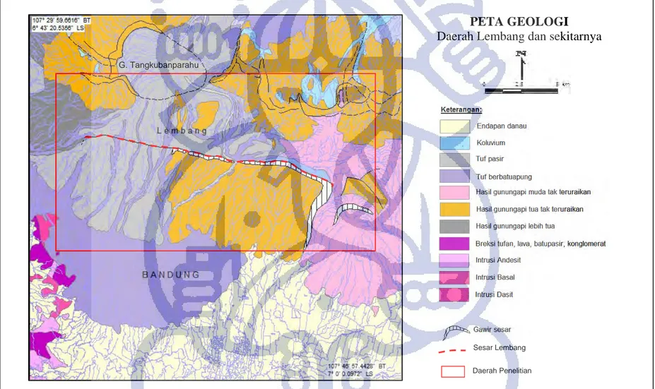 Gambar 2.1. Peta Geologi Lembar Bandung (Silitonga, 2003) dan daerah penelitian. PETA GEOLOGI  Daerah Lembang dan sekitarnya 