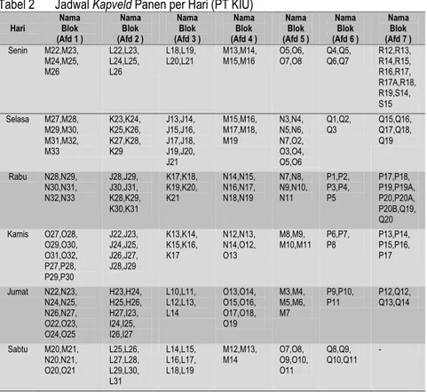 Tabel 2  Jadwal Kapveld Panen per Hari (PT KIU) 