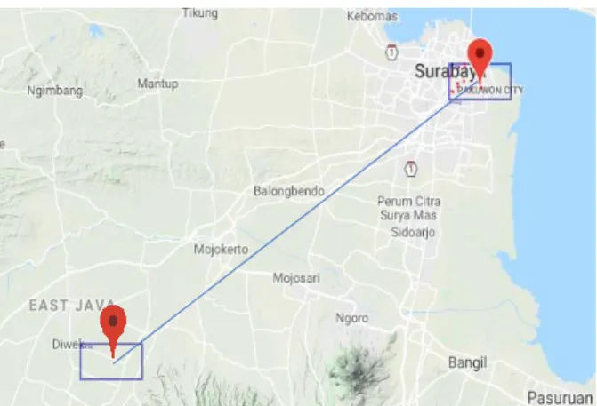 Gambar 2. Lokasi stasiun radio Surabaya (transmitter) dan Jombang (receiver)  Set-up  parameter  yang  digunakan  dalam  pengukuran  dapat  dilihat  pada  Tabel 1