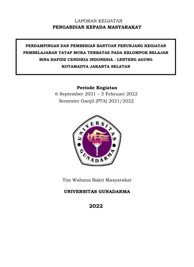 LAPORAN KEGIATAN PENGABDIAN KEPADA MASYARAKAT. Periode Kegiatan 6 ...