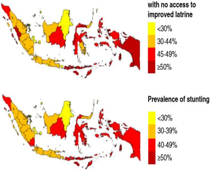 Fig.  1  Proportion  of  households  without  access  to  an  improved  latrine  and  prevalence  of  stunting in child stunting