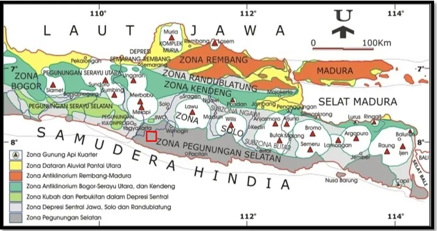 Gambar 2.  Fisiografi Jawa Tengah-Jawa Timur (van Bemmelen, 1949). Kotak merah lokasi penelitian