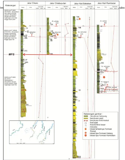 Gambar 3. Tiga perubahan muka air laut berdasarkan data korelasi pengukuran stratigrafi di daerah Cikaro,                     Cikabuyutan, Kali Babakan dan Kali Rambatan, dan berdasarkan hasil analisis paleontologi 