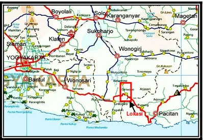 Gambar  1.  Peta  lokasi  daerah  penelitian,  yang  termasuk wilayah  Kabupaten  Wonogiri,  Provinsi  Jawa  Tengah
