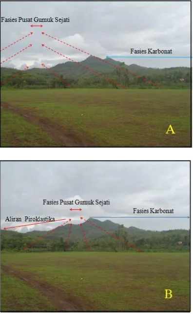 Gambar 10 Kenampakan morfologi di daerah penelitian yang di interpretasikan sebagai gumuk gunung api dengan Fasies Pusat yang  berbeda (A) dan (B)