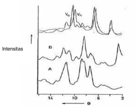 Gambar 6.  Difraksi sinar x  pati: A: kristal A, B: kristal B, V; kristal V (Belitz dan 