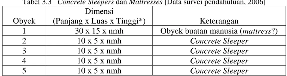 Tabel 3.3   Concrete Sleepers dan Mattresses [Data survei pendahuluan, 2006] 