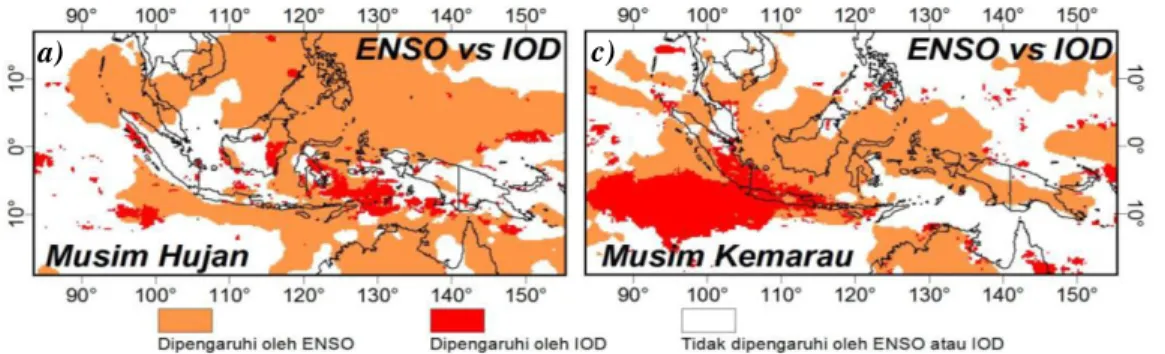 Gambar 3.  Pola spasial perbandingan pengaruh ENSO dan IOD terhadap curah hujan di  Indonesia berdasarkan musim lokal