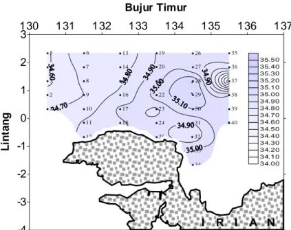 Gambar  3b.    Sebaran  Mendatar  Salinitas  (‰)  di  Perairan  Utara  Irian  Jaya  Selama  Musim  Timur  pada  Kedalaman 100 meter 