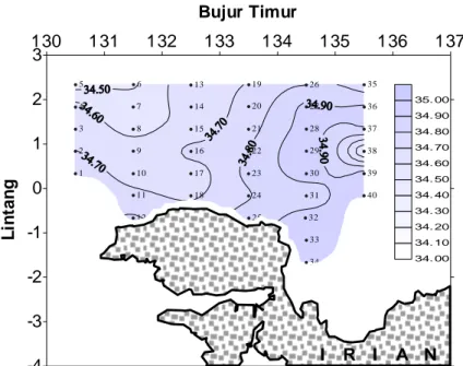 Gambar  3d.    Sebaran  Mendatar  Salinitas  (‰)  di  Perairan  Utara  Irian  Jaya  Selama  Musim  Timur  pada  Kedalaman 300 meter 