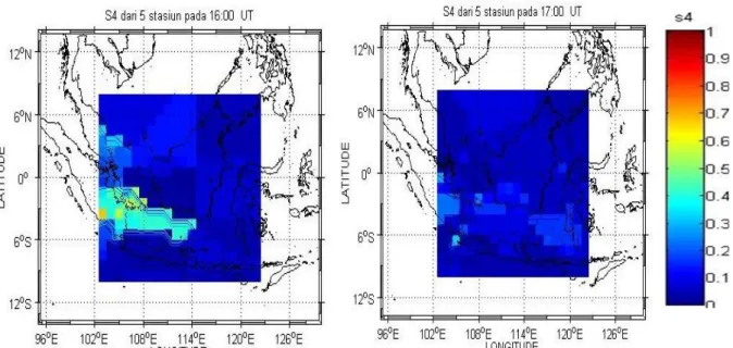 Gambar 3-2: Distribusi spasial kemunculan sintilasi dari parameter S4 mulai pukul 14:00 UT (21:00  LT) hingga tengah malam pukul 00:00 