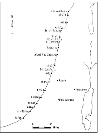 Figure 3: Geographical location of ribâﬂs and miΩrâses along the coastal frontiers of Palestine during the early and classical Islamic periods.
