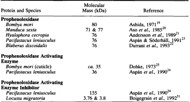 TABLE 1. zyxwvutsrqponmlkjihgfedcbaZYXWVUTSRQPONMLKJIHGFEDCBAArthropods Components of the Prophenoloxidase Activating System Purified from zyxwvutsrqponmlkjihgfedcbaZYXWVUTSRQPONMLKJIHGFEDCBA