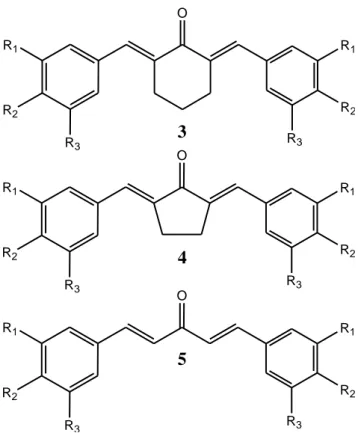 Gambar 2. Struktur Heksagamavunon (3), Pentagamavunon (4), dan Gamavuton (5)  (Sardjiman, 2000) 