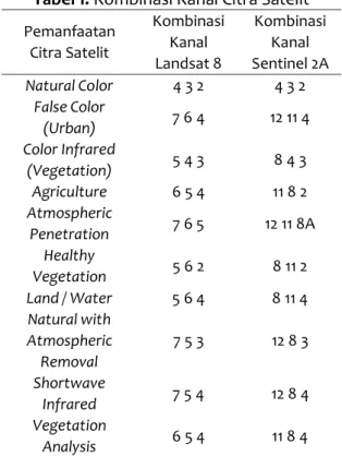 Tabel 1. Kombinasi Kanal Citra Satelit  Pemanfaatan  Citra Satelit  Kombinasi Kanal  Landsat 8  Kombinasi Kanal  Sentinel 2A  Natural Color  4 3 2  4 3 2  False Color  (Urban)  7 6 4  12 11 4  Color Infrared  (Vegetation)  5 4 3  8 4 3  Agriculture  6 5 4 