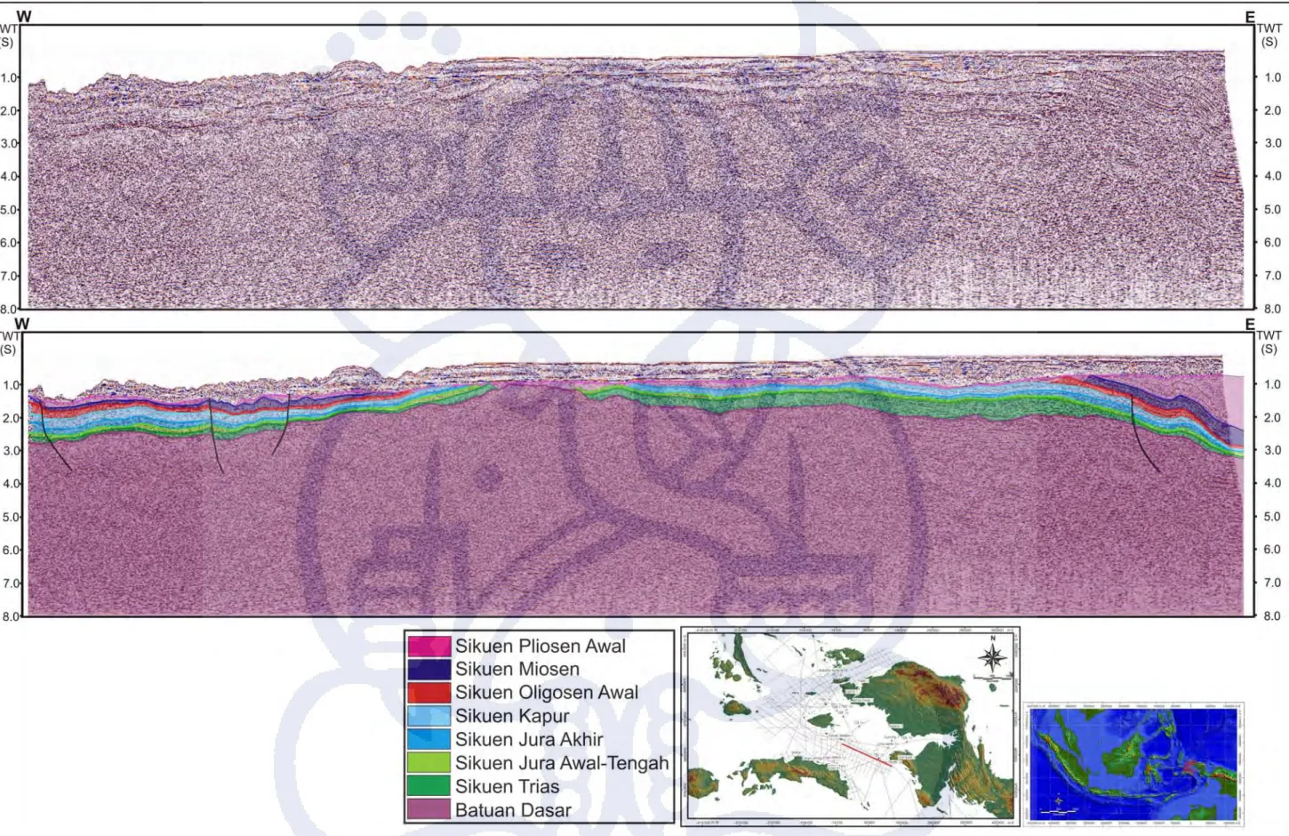 Gambar 5.22. Lintasan seismik di bagian selatan pulau Misool memperlihatkan onlap sikuen berumur Trias-Jura terhadap batuan dasar Perm sebagai awal terbentuknya MOKA