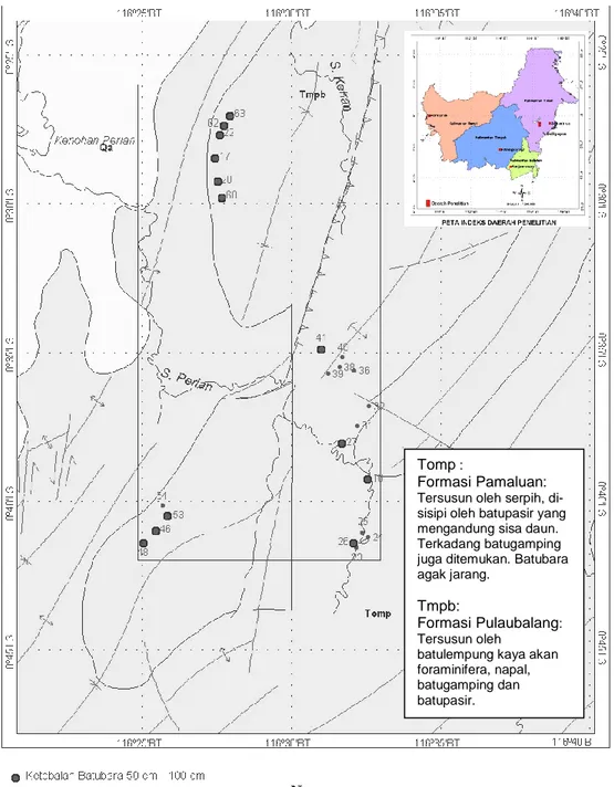 Gambar 1.  Peta Geologi dan lokasi singkapan batubara daerah S. Perian dan Leka                    Kecamatan Muara, Muntai,  Kab