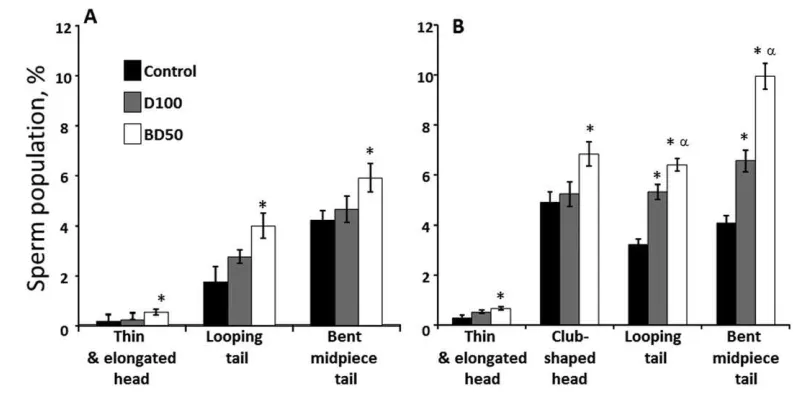 Fig. 3.Morphological abnormalities of epididymal sperm from C57BL6mice on Days 7 and 28 postrepeated exposure to D100 or BD50 combus-tion exhaust particles