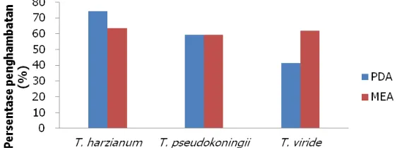 Gambar 6. Persentase penghambatan Ganoderma sp. isolates on PDA and MEA medium. isolat Figure 6.Trichoderma spp