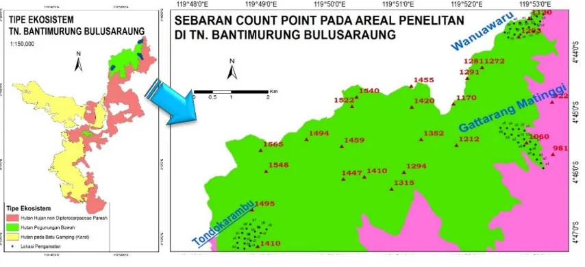 Gambar 1. Sebaran count point pada areal penelitian di TN Bantimurung Bulusaraung  Figure 1