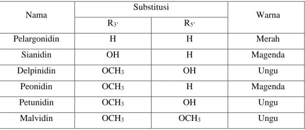 Tabel 2.1 Rantai Samping Penyusun Senyawa Golongan Antosianin  (Bqkowska- (Bqkowska-Barczak, 2005)  Nama  Substitusi  Warna  R 3’ R 5’ Pelargonidin  H  H  Merah  Sianidin  OH  H  Magenda 