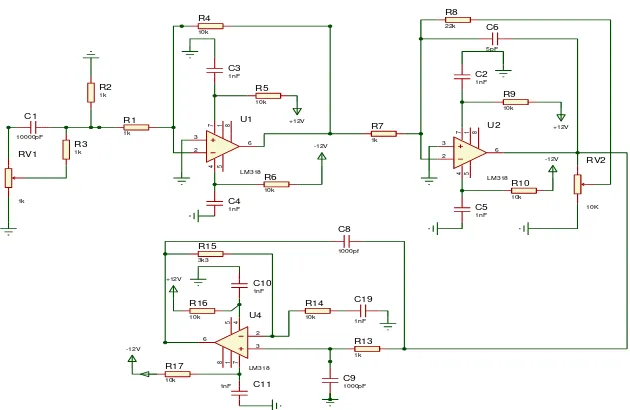 Gambar 3.14 Skema Rangkaian Amplifier pada Proteus 