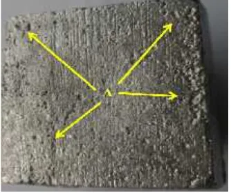 Gambar 13 Bagian atas salah satu sampelCacat yang terdapat pada Gambar 13 yaitukekasaran meluas (panah kuning/A), cacatlubang yaitu penyusutan dalam (lingkaranhijau/B)