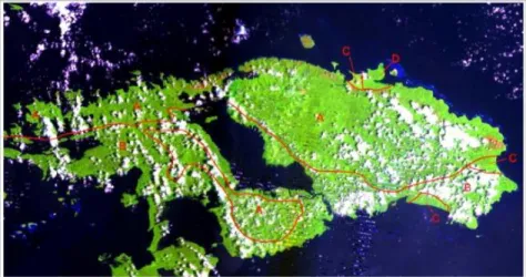 Gambar 1. Landsat 7 ETM+ daerah Waigeo dengan analisa menggunakan kanal 5-4-1  (Path/Row :108/060 &amp; 107/060